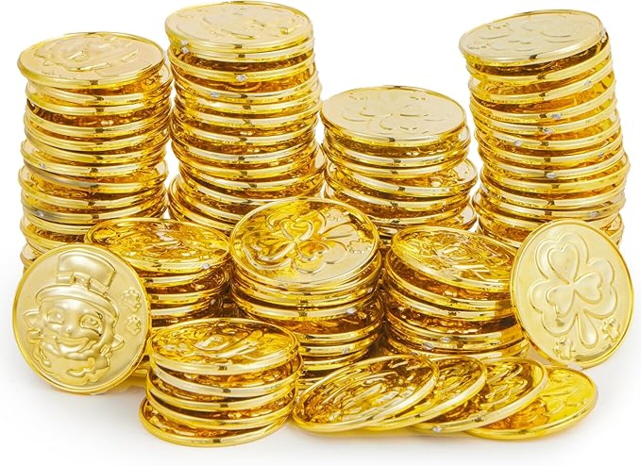 120 Pcs St. Patrick’s Day Gold Coins, Plastic Gold Coins Bulk with Shamrock, Leprechaun, Cauldron & Hat Patterns, St Patricks Accessories Games Gifts Decorations, Party Favors & Party Supplies
